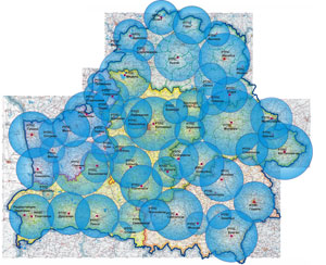 Карта охвата территории Республики Беларусь наземным цифровым телевизионным вещанием стандарта DVB - T Пакет программ: Беларусь 1, Беларусь 2, ОНТ, СТВ, РТР - Беларусь, НТВ - Беларусь, Мир, 8 канал